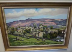 Yorkshire Dales Village with Sheep Grazing, oil on board signed by Diana Rosemary Lodge 49cm x 74cm