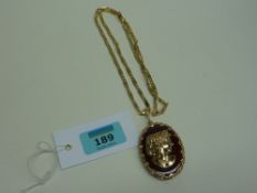 Cornelian cameo gold bust encrusted with diamonds hallmarked 9ct on fancy flat link necklace stamped