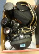 Olympus OM2000 camera in case, Pentax P30T, Meiki AW-4366N camera cased and lenses in one box