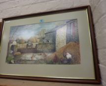 Farmyard scene with Hens, watercolour monogrammed by Edith Anderson