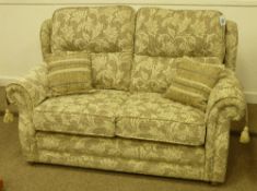 Two seat settee in natural chenille cover with arm covers and scatter cushions, W163cm