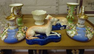 Two 19th Century Staffordshire greyhound pen holders, a Belleek stem cup, pair of 19th Century