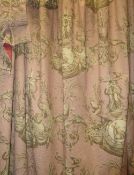 Pair of red trellis lined curtains printed with stylised armorials 186cm x 213cm drop