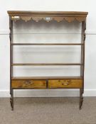 Stained pine wall rack fitted with two drawers, 95cm x 127cm high