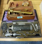 Small 19th Century gilt metal microscope, cased, a Klinostik Super Diagnostic viewer and a
