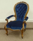Early Victorian balloon back armchair with well carved and figured honey coloured walnut frame, re-
