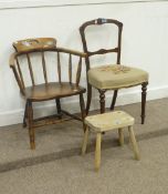 Edwardian walnut bedroom chair, elm captain's chair and an elm stool