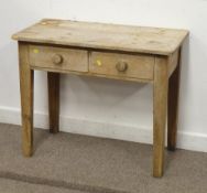 Victorian stripped pine two drawer side table, W92cm