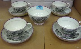 Four Sewell Sunderland lustre ware cups, saucers and a sugar bowl, 19th Century, decorated with