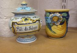 Small Southern European Majolica lidded drug jar, late 19th Century, decorated with 'Poll: di