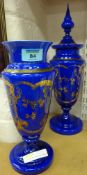 Bohemian blue and gilt glass vase and cover with another similar