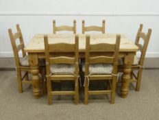Traditional design solid pine dining table and six ladder back chairs