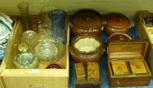 19th Century rosewood tea caddy, an oak cigar box, two more Continental boxes, stoneware vessels and