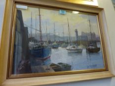 'Yachts at Scarborough', oil on canvas laid on panel, signed by Don Micklethwaite