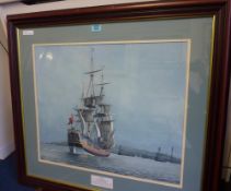 'Endeavour Sailing into Whitby 1997', acrylic signed by John Cooper  49cm x 59cm