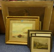 Early 20th Century coastal scene, watercolour in period gilt frame with a collection of shooting