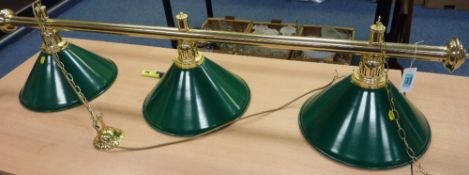 Snooker/dining table brass finish three branch light fitting with green glass shades