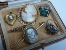 Two Art Deco rings, 9ct gold cameos, seed pearl heart brooch stamped 9ct etc