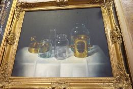 Still life of apothecary equipment, oil on canvas