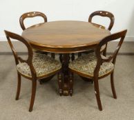Victorian style mahogany circular dining table and four chairs, 111cm diameter
