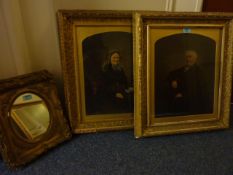 19th Century gentleman and wife, a pair of oleographs in gilt frames and a pair of small wall