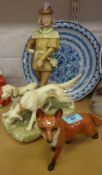 Royal Dux figure with two hounds and a Beswick model of a fox