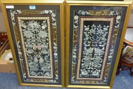 Pair of Chinese silk embroidered sleeves, framed and glazed