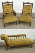 Late Victorian walnut and beech drawing room suite comprising chaise longue and two matching chairs