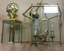 Gilt metal three light central lantern fitting, 34cm high and another smaller one