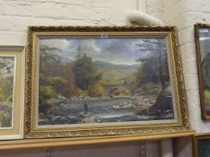 Fishing scene oil on board signed by Len 'Leon' Peel