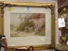 Figures by a cottage in rural landscape, watercolour, indistinctly signed, in gilt frame