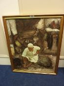 Indian carpet weaver, oil on canvas signed by P Brand