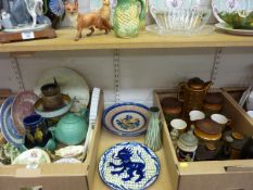 Vienna style figural plates, bearing blue beehive to verso, Royal Crown Derby dish, Delft style