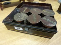 19th Century toleware spice box containing canisters