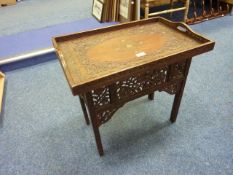 Folding Indian carved wooden table with brass inlaid tray top