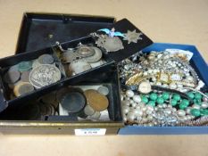 Victorian hallmarked silver medals, RAF brooch, coins and costume jewellery in two boxes