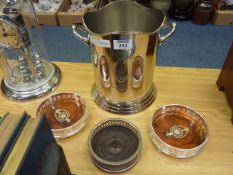 Silver plated cooler bearing inscription with a pair of plated and tortoiseshell effect decanter