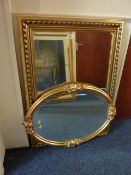 Large rectangular bevel edge wall mirror and oval mirror in gilt frames
