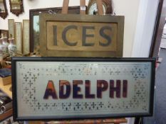 Edwardian 'Adelphi' advertising mirror with etched background, 19th/20th Century double sided 'Ices'