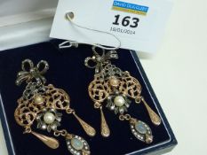 Pair of marcasite and pearl pendant ear-rings stamped 925