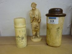 Japanese Meiji period carved ivory figure with signature panel, 16cm and two carved bone containers