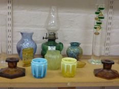 Green glass oil lamp and shade, Galilean thermometer, art glass vase and further glasswares
