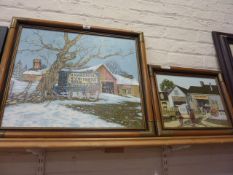 Wheelwright shop, on canvas after H Hargrove and sign painter cart by barn, after the same hand