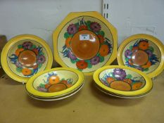 Clarice Cliff floral fruit service, comprising octagonal bowl and six circular bowls