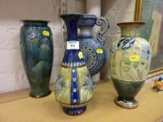 Three Royal Doulton stoneware vases and a Westerwold style twin handled moon flask