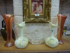 Pair of enamelled milk glass ewers, late 19th/early 20th Century, pair of carnival glass vases and a