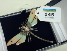 Large enamelled marcasite dragonfly brooch set with garnets stamped 925