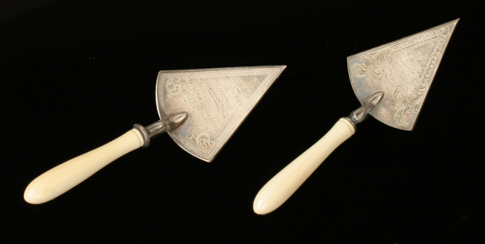 An unusual pair of miniature silver plated trowels with ivory handles, one engraved "To May