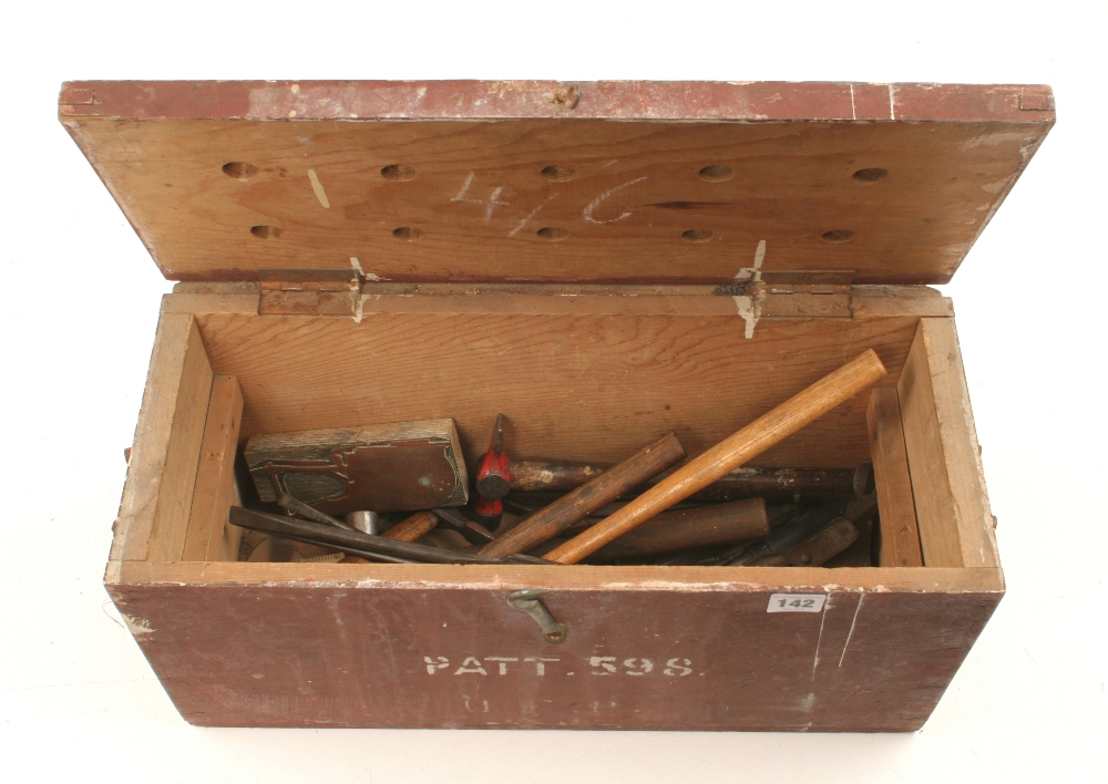 Six hammers and screwdrivers in pine box