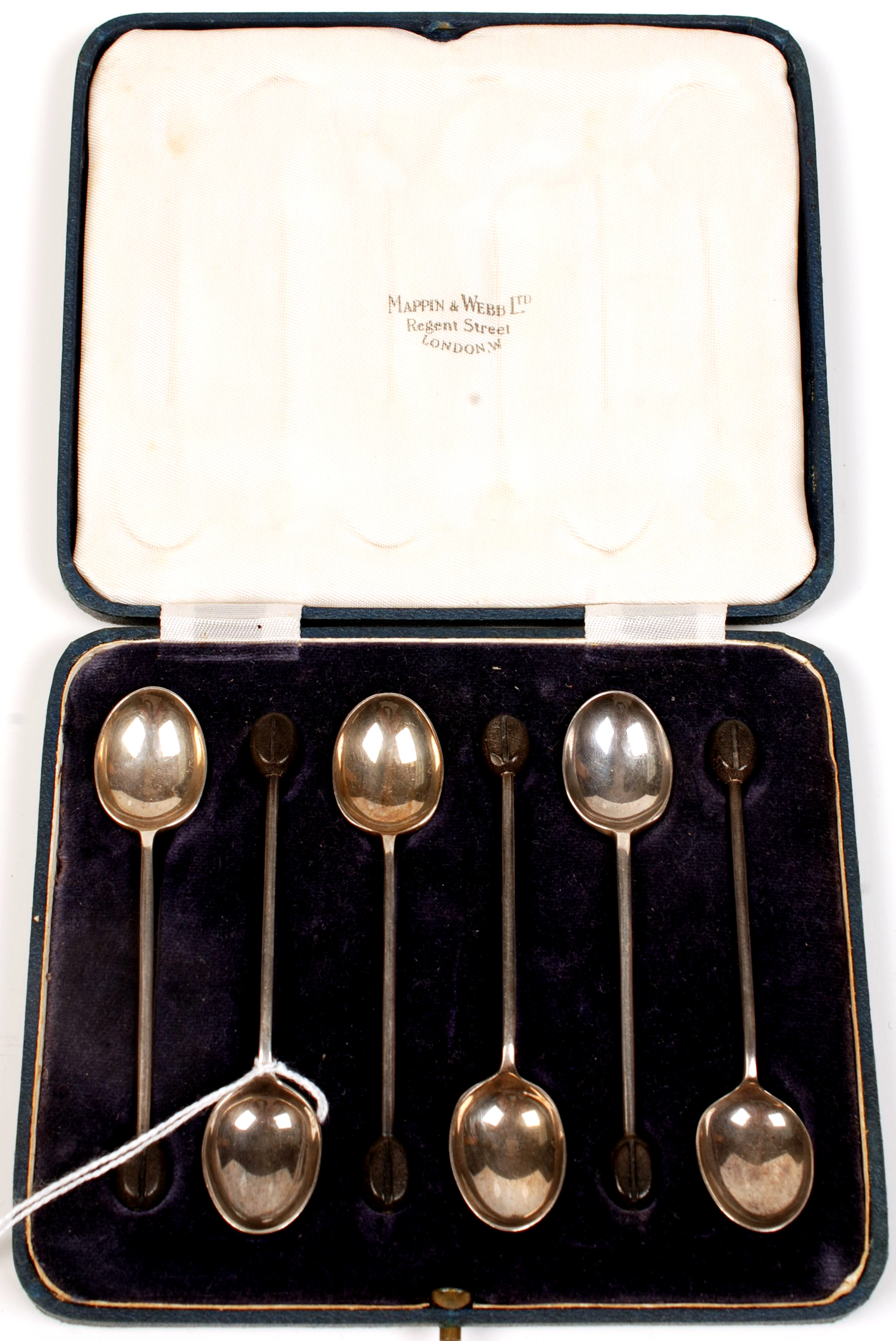 A set of six silver coffee spoons with coffee bean finial by Mappin & Webb Ltd, Sheffield,1933,